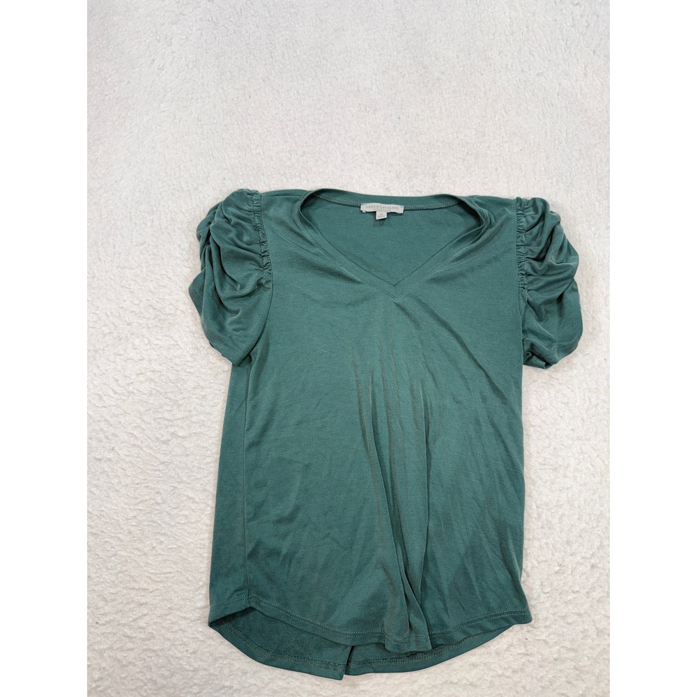 Green Envelope Los Angeles Ribbed V-Neck Top Ruched Puff Sleeve Teal Green XS